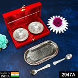 2947A Silver Plated 2 Bowl 2 Spoon Tray Set Brass with Red Velvet Gift Box Serving Dry Fruits Desserts Gift, Bartan 