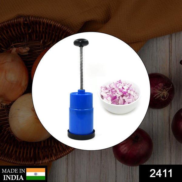 Hand press onion vegetable chopper for kitchen use.