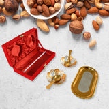 5in1 Gold Silver Plated 2 Bowl 2 Spoon Tray Set Brass with Red Velvet Gift Box Serving Dry Fruits Desserts Gift