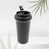 Double-walled travel mug with stainless steel inside and plastic outside.