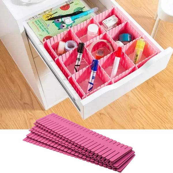 Adjustable plastic drawer dividers, grid organizers for home and kitchen use.