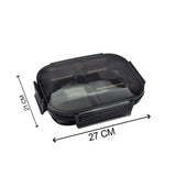 Transparent black lunch box with four compartments for food storage