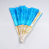 Chinese-style handheld folding fan with intricate designs, perfect for decoration or cooling. Comes with a fabric sleeve.