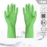 Household cleaning gloves made of rubber, green color.