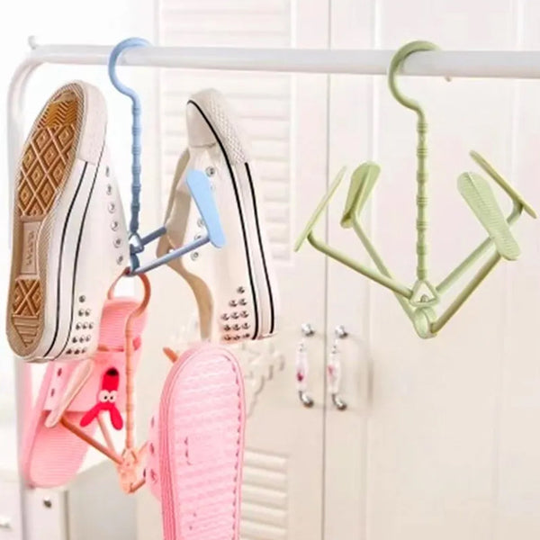 Rotating shoe rack with four hooks, portable, dual-use for wet and dry shoes.