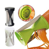 Stainless steel spiral slicer for vegetables and fruits, handheld and easy to use.