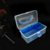 Storage box with handle and compartments for easy access to painting and craft supplies.