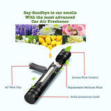 Car air perfume with rotating flow control, magnetic design, available in ocean, lavender, cologne, and lemon.