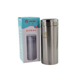 Stainless steel water bottle with leak-proof design for travel.