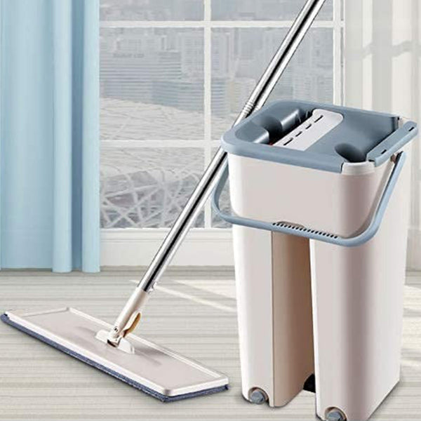 Scratch cleaning mop with self-cleaning and drying features, hands-free flat mop