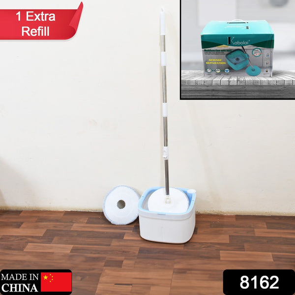 Spin mop with extra clean water pad, ideal for all flooring types.