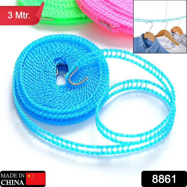 8861 3 Meters Fiber Rope Anti-Slip Clothes Washing Drying Nylon Rope Japan Style Rope with Hooks, Durable Camping Clothesline Portable Clothes Drying Line Indoor Outdoor Laundry Storage for Travel Home Use (3 Mtr.)