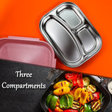 Three-compartment pink lunch box with stainless steel material and spoon slot