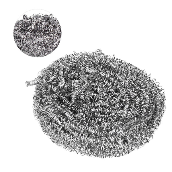 Stainless steel scrubber for cleaning pots, pans, and dishes. Pack of 6 durable and long-lasting scourers.