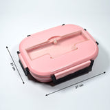 Pink lunch box with three stainless steel compartments and spoon holder