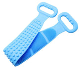 Bath brush with silicone bristles for back scrubbing and dead skin removal.