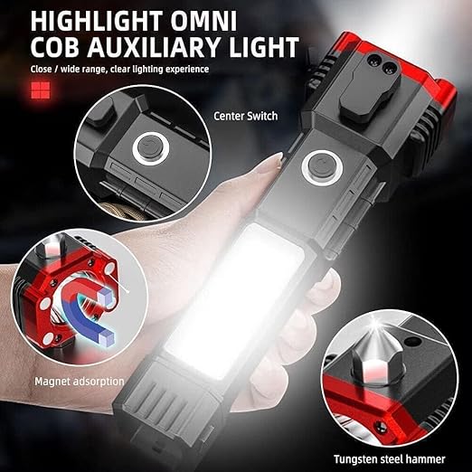 8 in 1 Portable 3w Rechargeable Torch Led Flashlight Long Distance Beam Range Hammer And Strong Magnets Window Glass And Seat Belt Cutter 4 Modes For Car Camping Hiking Indoor Outdoor