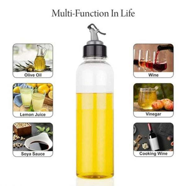 1-liter clear plastic oil dispenser with a drip-free spout for controlled pouring.