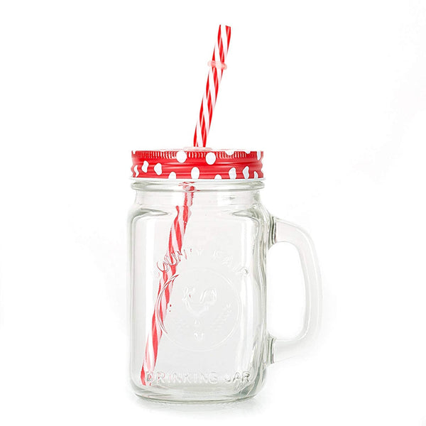 Mason jar drinking cup with handle and straw, ideal for cold beverages.