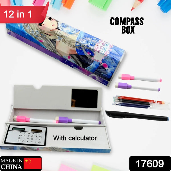 12 in 1 Compass Box, Geometry Box 2 Compartment, Pencil Box with 1 Calculator, 1 Mirror, Pen Refill 2 Black, 2 Blue, 2 Red, 2 Marker for Boys Art Plastic Pencil Box for Girls and Boys