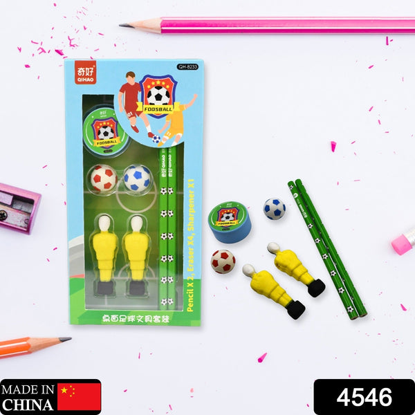 Sports theme stationery set for kids, includes pencil sharpener and erasers