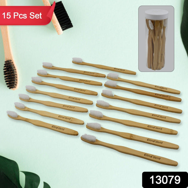 13079 Bamboo Wooden Toothbrush Soft Toothbrush Wooden Child Bamboo Biodegradable Toothbrush, Manual Toothbrush for Adult, Kids (15 pcs set / With Round Box)