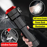 8 In 1 Portable 3w Rechargeable Torch LED Flashlight Long Distance Beam Range, Hammer and Strong Magnets, Window Glass and Seat Belt Cutter 4 Modes for Car Camping Hiking Indoor Outdoor