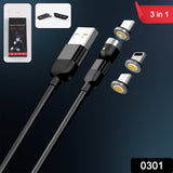 3 in 1 Magnetic USB Charging Cable | USB-c Android and Lightning with Extra Protecting Nylon| Strong Magnetic Cable with Full Rotation Support Fast Charging