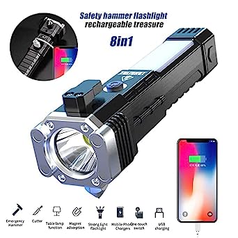 8 in 1 Portable 3w Rechargeable Torch Led Flashlight Long Distance Beam Range Hammer And Strong Magnets Window Glass And Seat Belt Cutter 4 Modes For Car Camping Hiking Indoor Outdoor